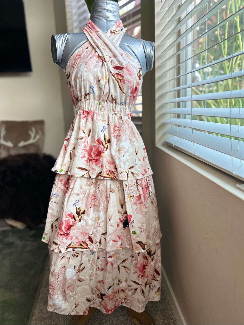 Express Floral Halter Tiered Maxi Dress in Blush Pink and Rose